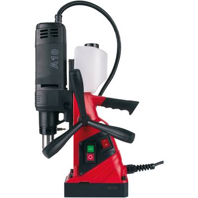 A red and black electric power drill with a handle, control buttons, and a hose on top.