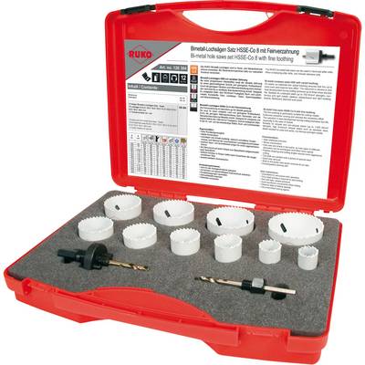 A red case containing a set of bimetallic hole saws in various sizes, drill bits and accessories. A label with product information is placed inside the lid.