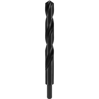 A black twist drill bit used for drilling into materials such as metal or wood.