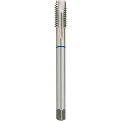 Metal cutting tool with spiral thread-cutting edges and a smooth cylindrical shaft, used for machining materials.