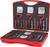 Open red tool set with various screwdrivers, drill bits, and spare parts in a black foam insert.