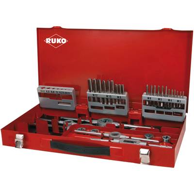 A red toolbox with various thread-cutting tools, including drills and thread cutters in different sizes.