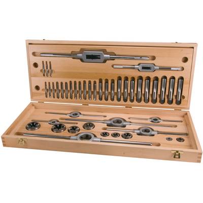 Wooden box with a tap and die set, including various taps, dies, and holders, neatly arranged.
