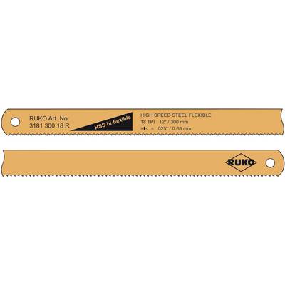 Two orange-coloured saw blades with inscriptions: 'RUKO Art. No: 3181 300 18 R', 'High Speed Steel Flexible', '18 TPI', '12"/300 mm'.