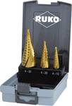 Step drill bit set HSS-TiN spiral-grooved in sizes 0/9, 1, 2 in ABS-plastic cassette - 3 pieces.