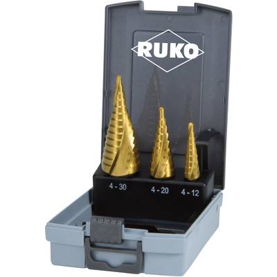 A set of three golden stepped drill bits in a blue box, marked with sizes 4-12, 4-20 and 4-30.