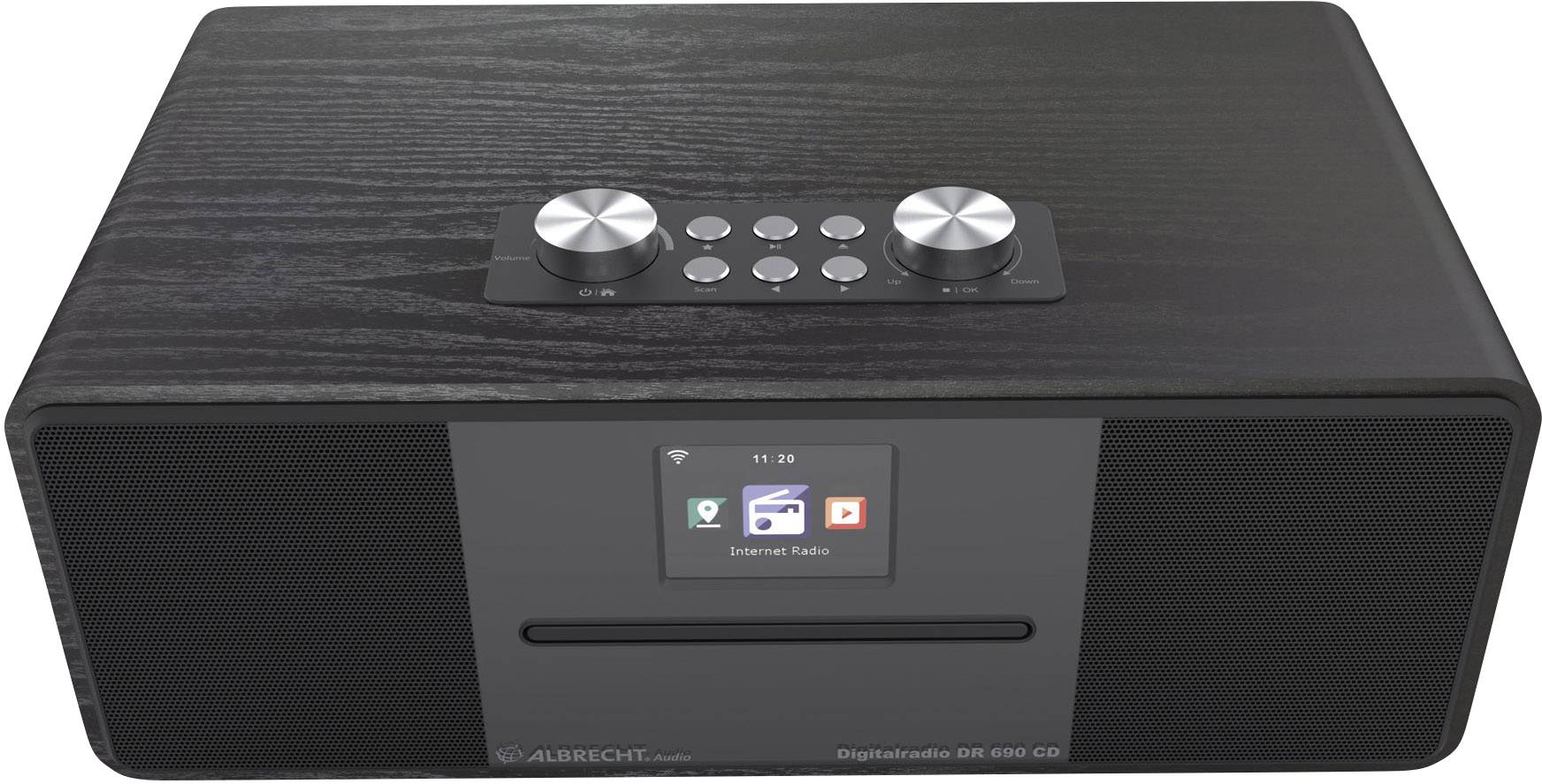 A black digital radio with several buttons and a display in the centre, showing 'Internet Radio'.