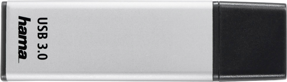 A silver USB stick with a black end, on which 'USB 3.0 hama' is written.