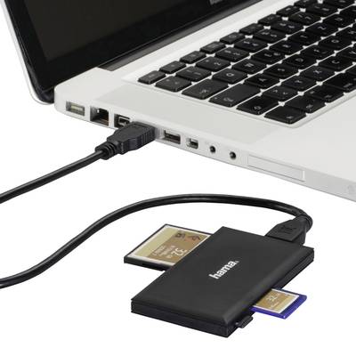 A laptop is connected to a Hama USB card reader that accepts two different memory cards.