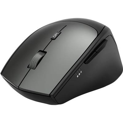 A black wireless computer mouse with a DPI button on top and side buttons for navigation.