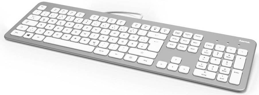 A wired keyboard with white-grey keys, featuring a full keyboard layout including a numeric keypad.