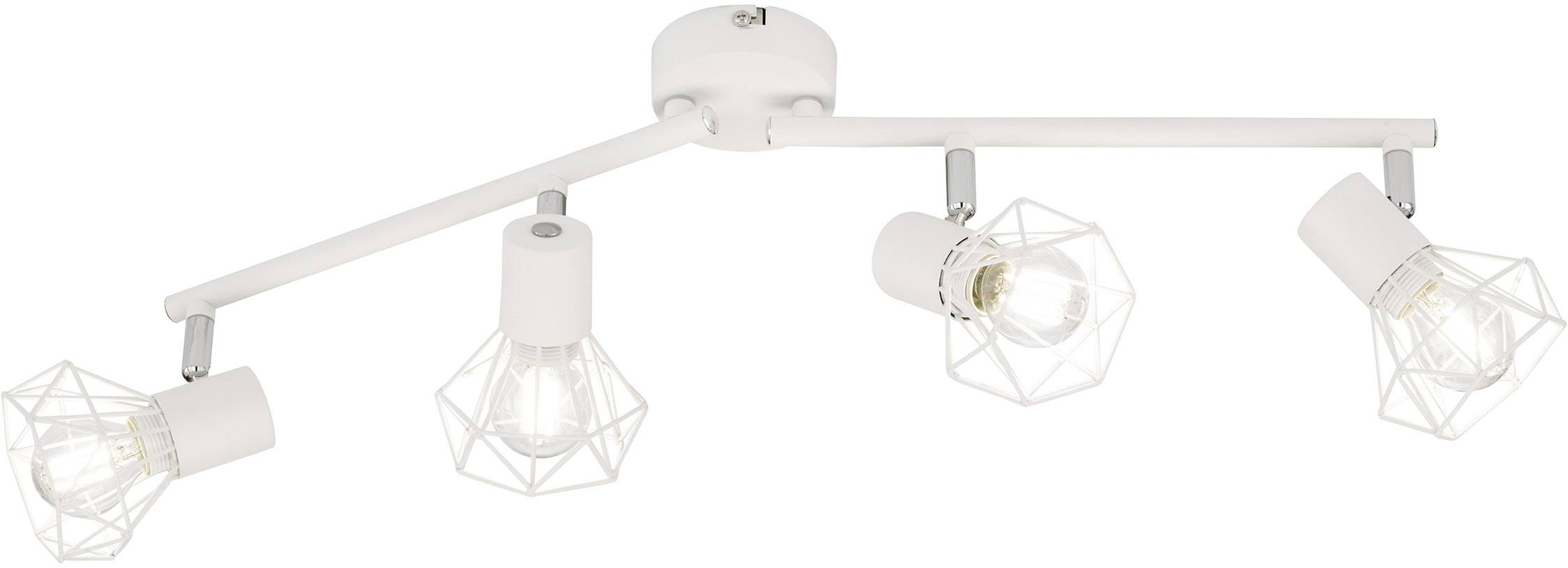 White ceiling light with four adjustable lamps in geometric fittings. Contemporary design.