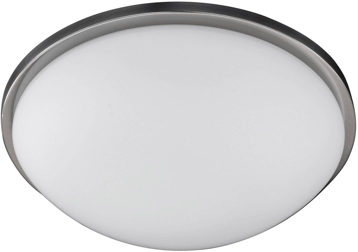 Round ceiling light with silver-coloured border and white, opal glass. Suitable for modern living or office spaces.