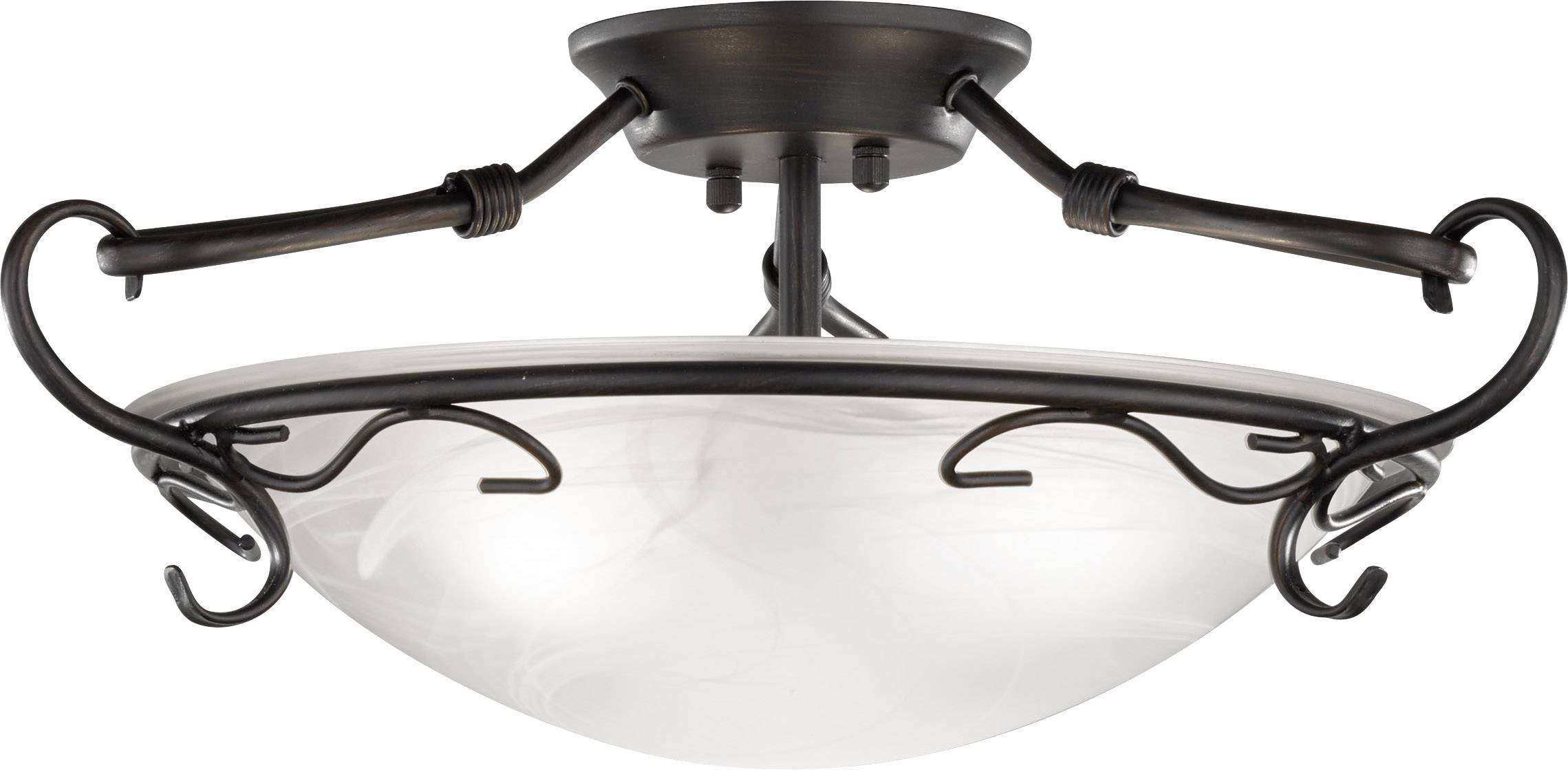 Ceiling light with glass diffuser and metal frame in dark bronze. Dome-shaped with decorative curved arms attached.