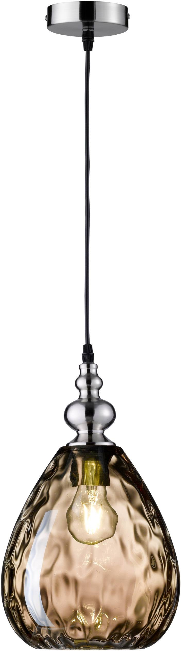 An elegant hanging lamp made of brown, textured glass with a visible light bulb attached to a slender black cable.