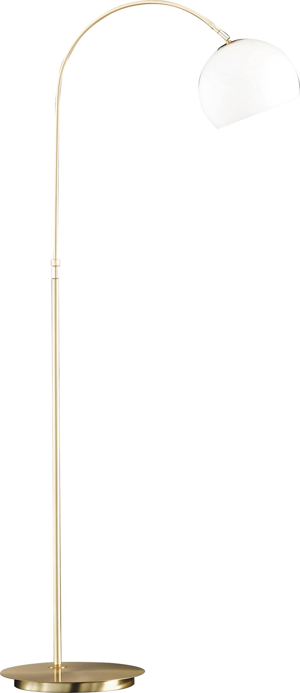 Floor lamp with curved design, gold-coloured stand with white lampshade. Ideal for a modern living room setting.