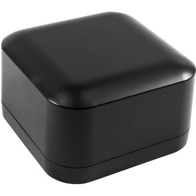 Black, square jewellery box with rounded corners, closed.