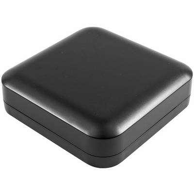 A black, square case with rounded corners, closed and lying on a white surface.