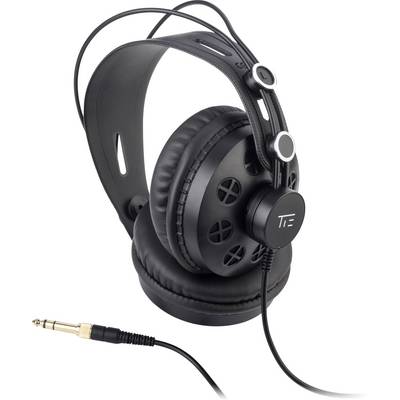 Black over-ear headphones with padded ear cups and cable connection, suitable for professional audio equipment.