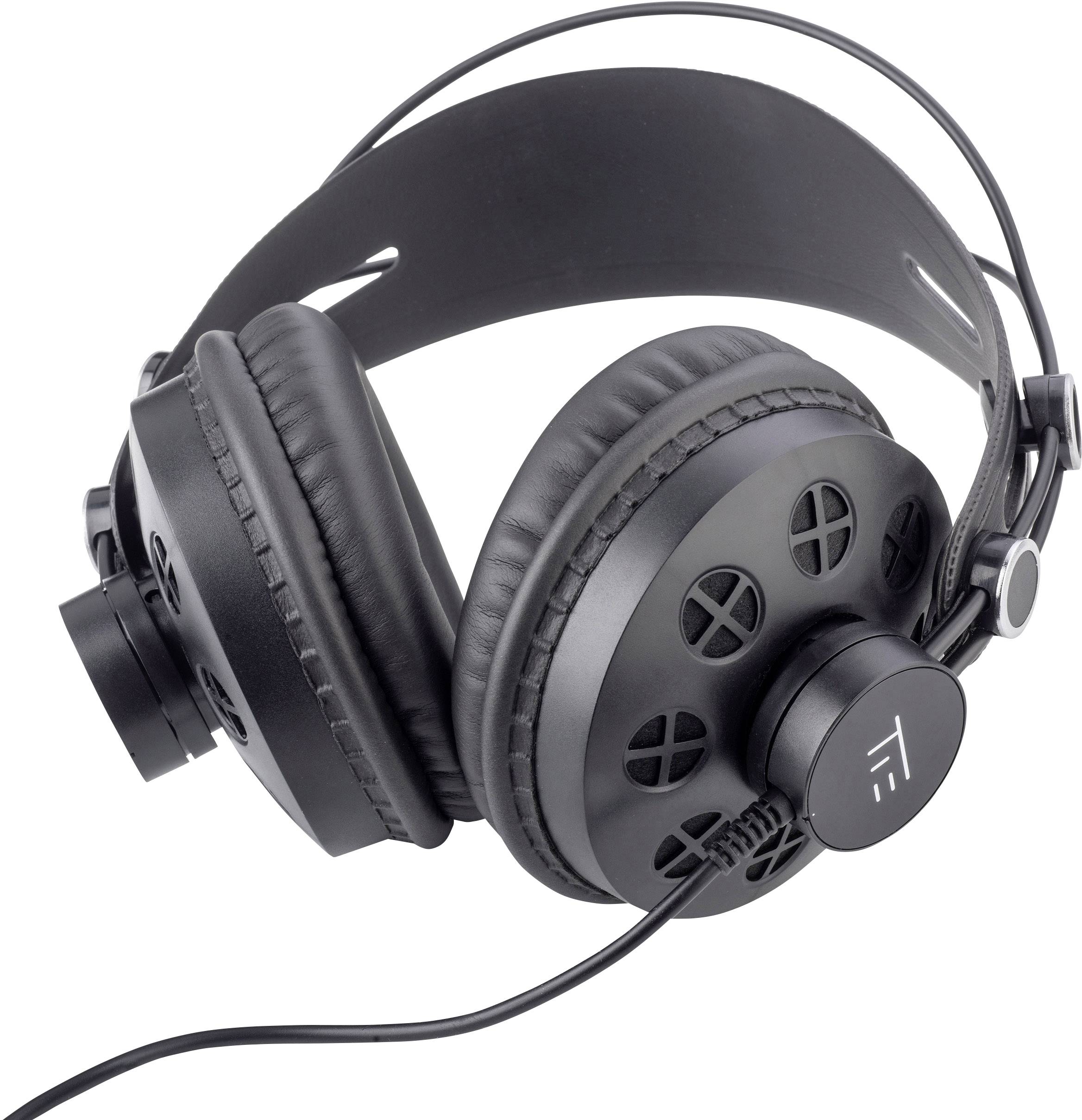 Black over-ear headphones with a round, padded ear cup design and cable connection, suitable for music and audio applications.