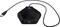 Portable black USB microphone on a table background. Suitable for meetings or conferences. With a round speaker grille.