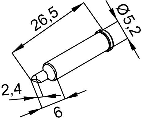 Technical drawing of a cylindrical component. Marked are diameter 5.2 mm, total length 26.5 mm, and a shorter length of 6 mm.