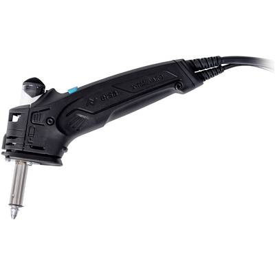 'Soldering iron with a black handle and metallic tip, suitable for precise soldering work in electronics.'