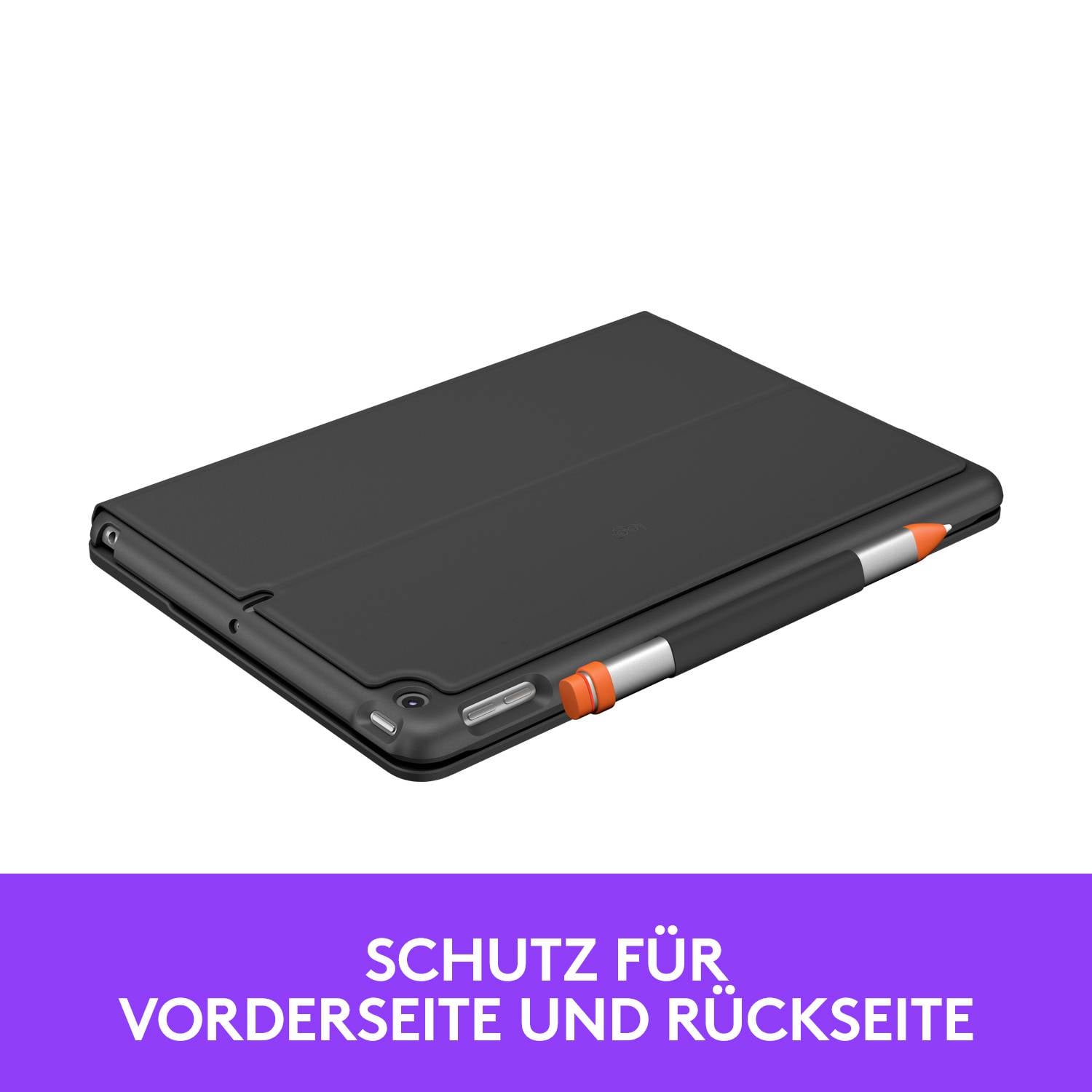 'Silicone protective case for tablet with pen holder, provides protection for front and back, Highlighted: Text "Protection for front and back".'