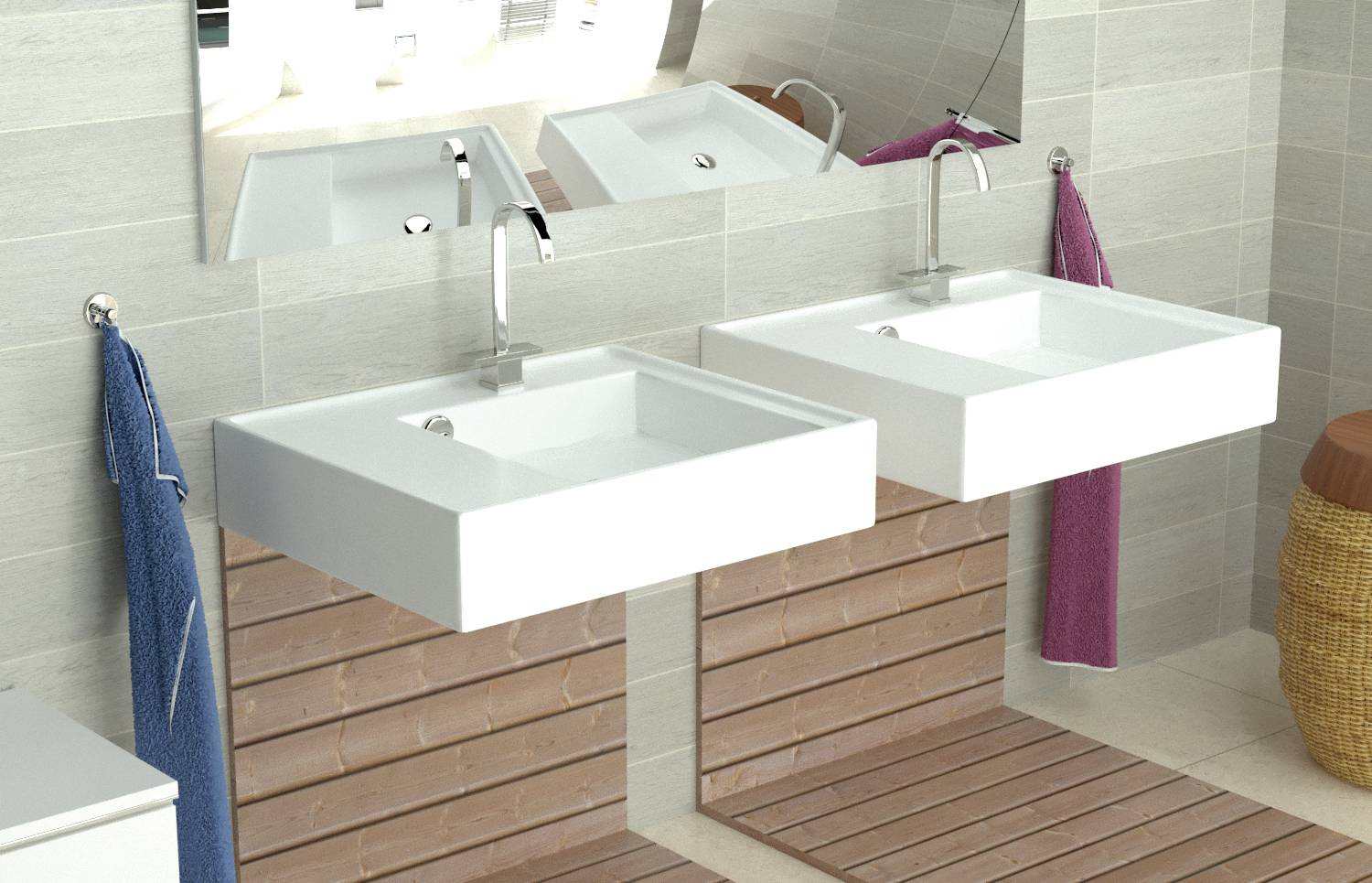 Two modern washbasins with mirrors in a bright bathroom, with blue and pink towels on the wall.