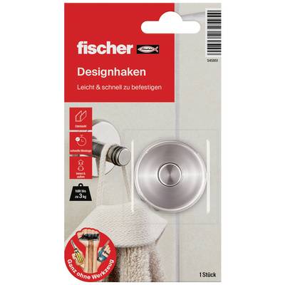 Packaging for 'fischer Design Hooks'. Contains round hook for securing objects up to 3 kg. Easy to install without tools.