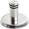 A silver, metallic coffee powder tamper with a round base and two black rings on the handle.