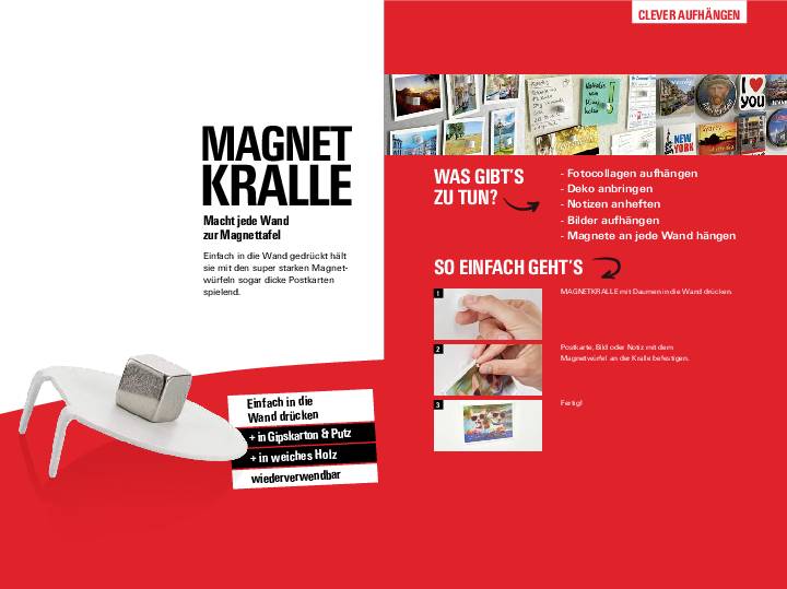 'Magnetic Claw' Photo Mounting Product. Instructions: Attach photos with magnet. Suitable for hard and soft surfaces.