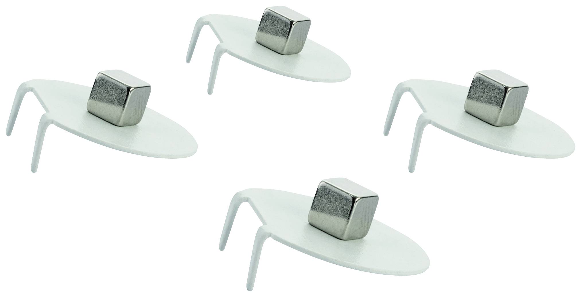 Four metallic, rectangular magnetic clips with curved supports for standing, on a white background.