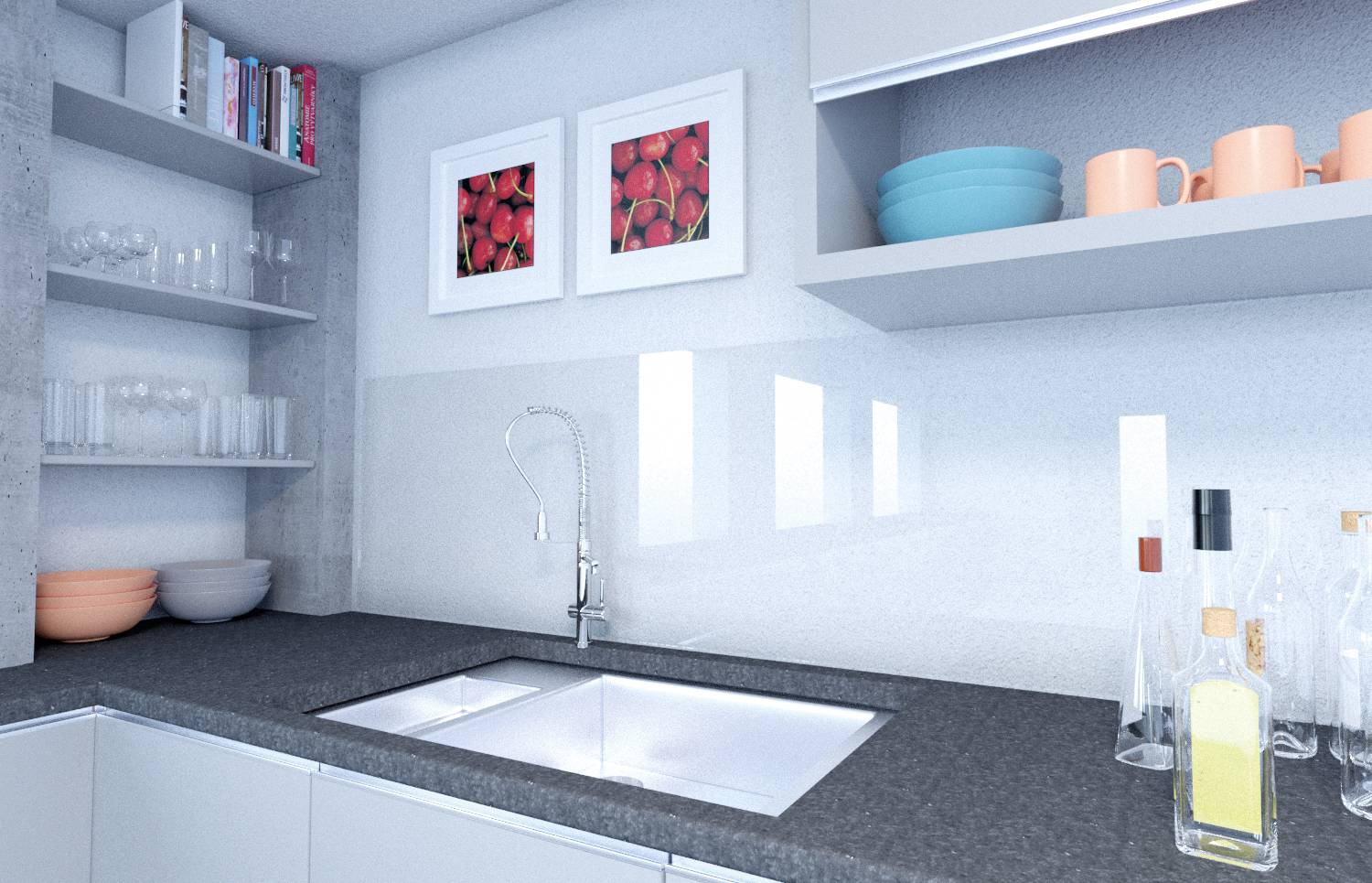 Modern kitchen with a grey worktop, integrated sink, shelves with crockery and coloured mugs, decorated with pictures on the wall.