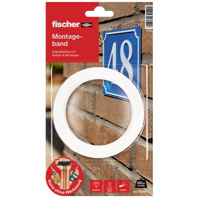 'Fischer Mounting Tape', double-sided adhesive for attaching objects. Shows application on a house number mounted on a brick wall.