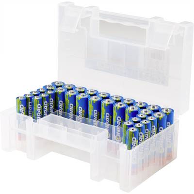 Opened transparent box with several blue batteries neatly lined up.