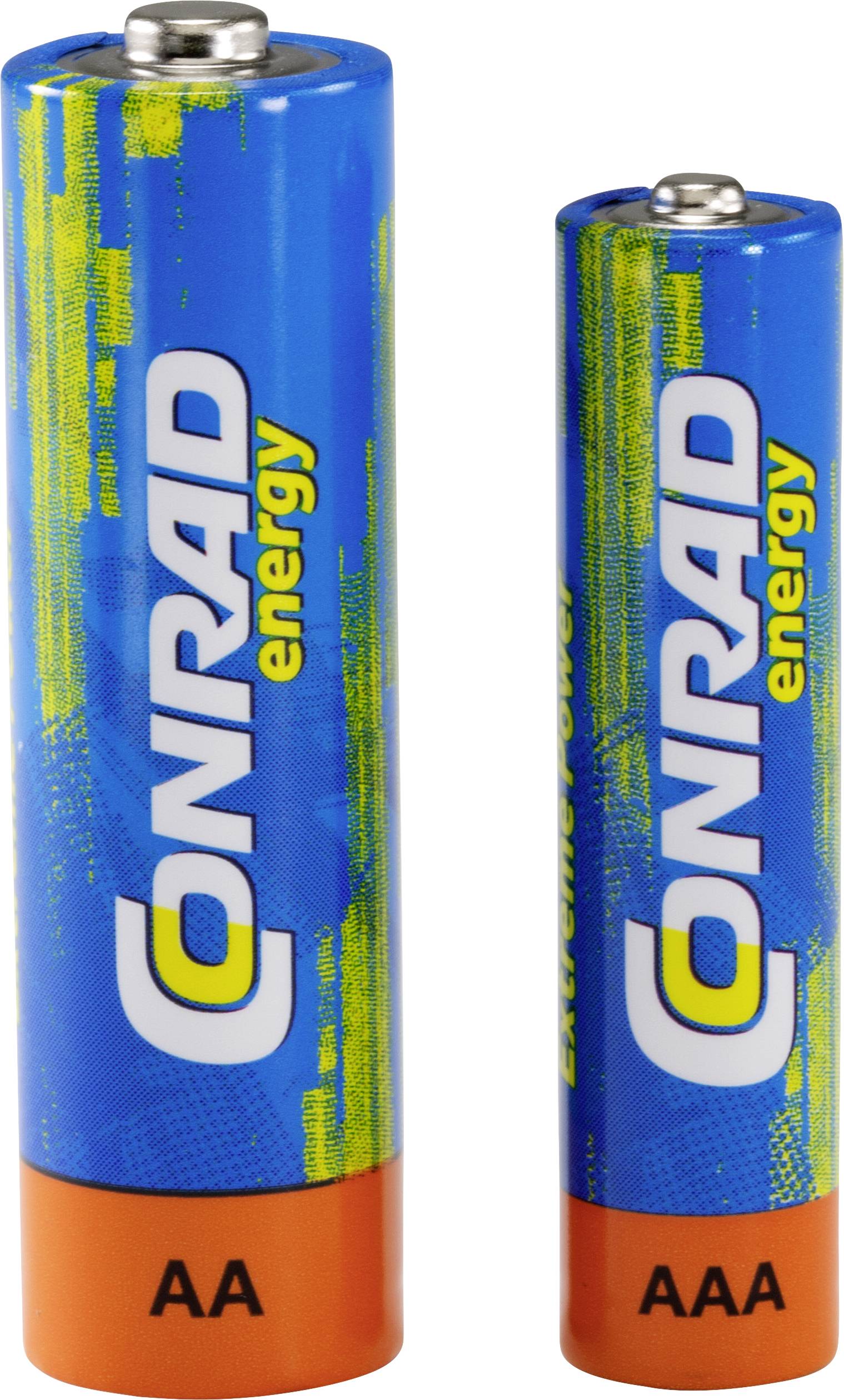 'Two batteries, one AA and one AAA, with the inscription "CONRAD energy" in blue and yellow design.'