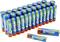 Row of AAA batteries from the CONRAD energy brand. They are designed in blue and orange, some lying flat, others standing upright.