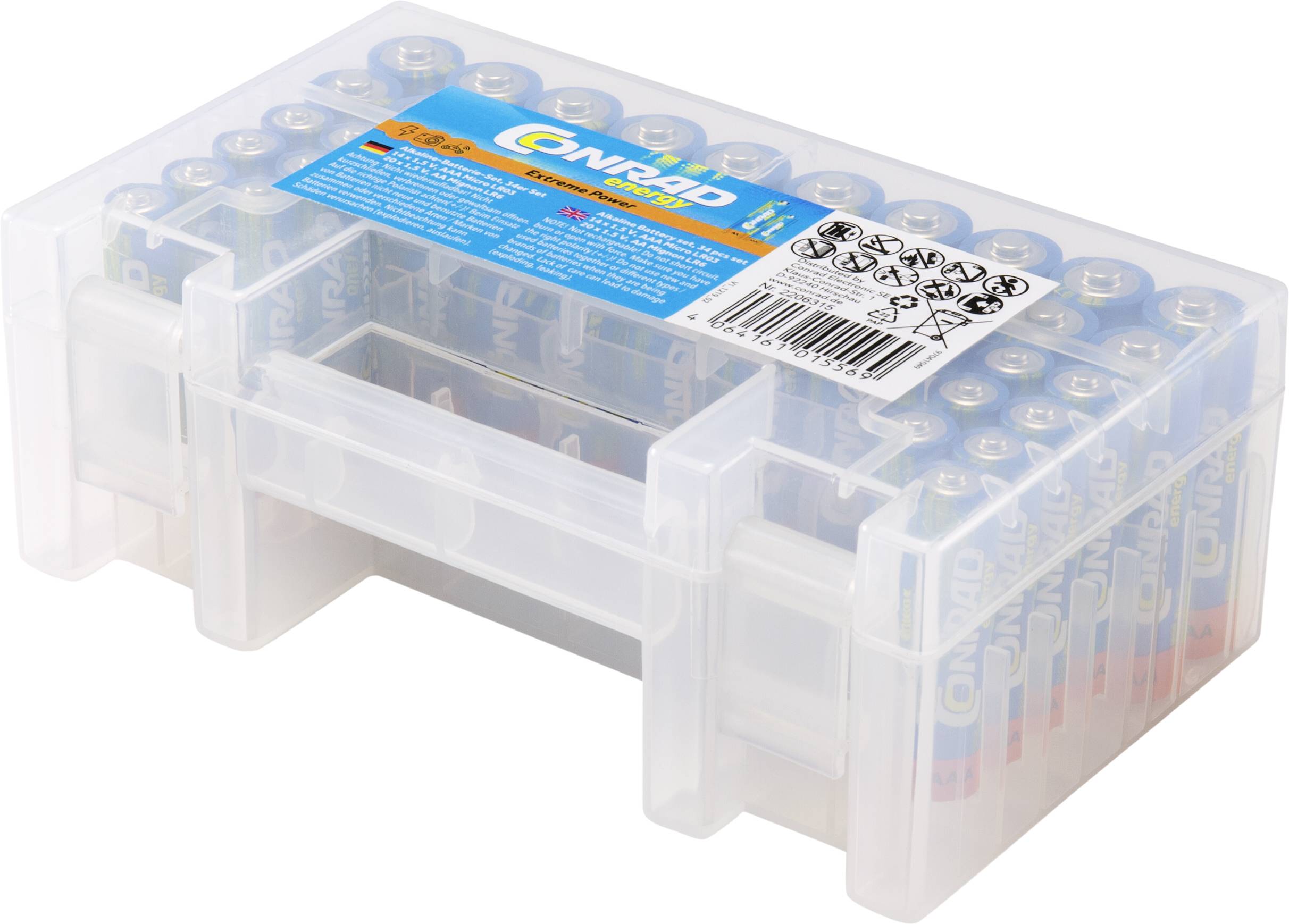 Transparent plastic box containing Conrad brand batteries.