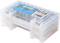 Transparent plastic box containing Conrad brand batteries.