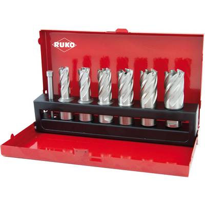A red metal case containing a set of six different drill bits. Metalworking tool.