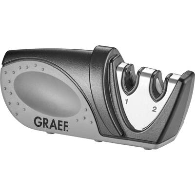 Electric knife sharpener by Graef in grey and black with two sharpening phases, suitable for various types of knives.