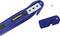 Blue safety box cutter with an exchangeable blade and removable guard. A screw is lying beside it.