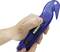 A hand is holding a blue cable knife with a sliding mechanism for extending the blade. Two red arrows are pointing to the mechanism.