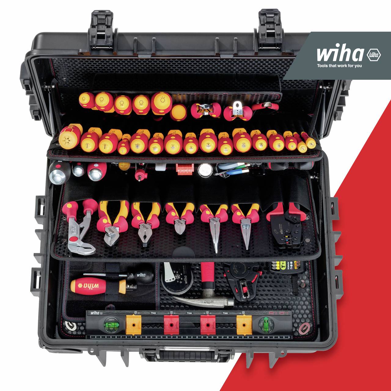 An open tool box with various tools such as screwdrivers, pliers, and socket wrenches, divided into compartments.