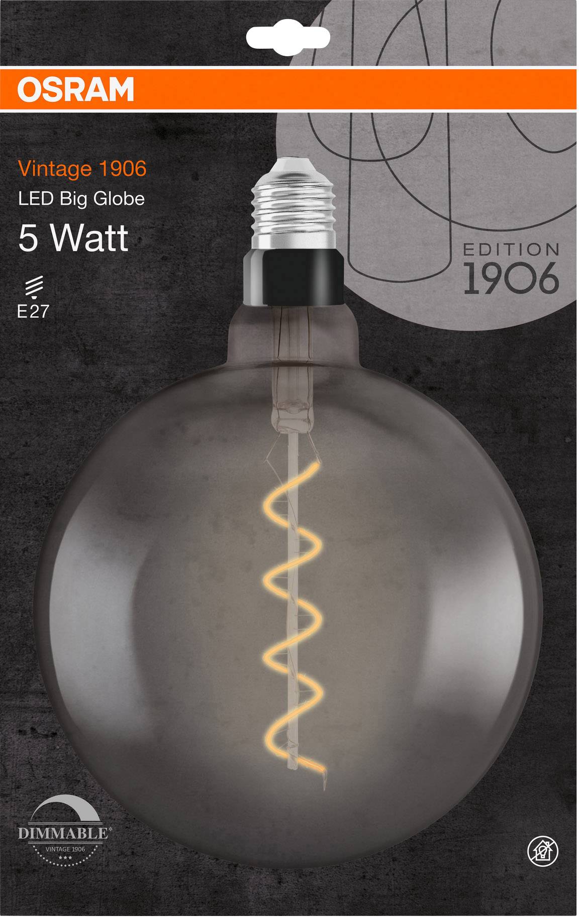 Packaging for an Osram Vintage 1906 LED light bulb, 5 watts, E27 fitting, dimmable, with spiral filament design.