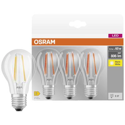 Four OSRAM LED light bulbs in one pack. Each 6.5 W, 806 lumens, in 'Warm White'. Energy efficiency class E, E27 base.