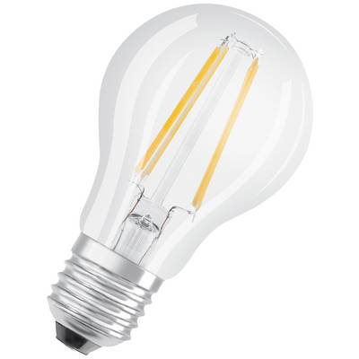 A clear LED bulb with visible filaments and a silver base.