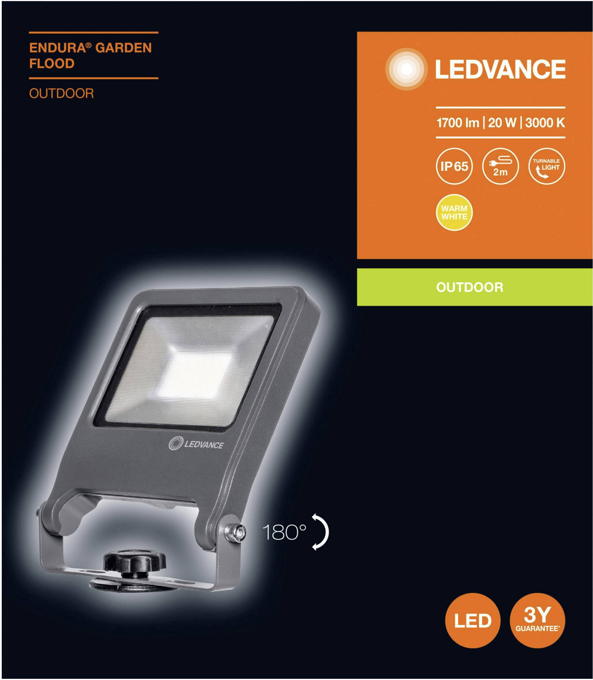 'LED floodlight for outdoor use, 1700 lumens, 20 watts, 3000 Kelvin, IP65 protection. Rotatable 180 degrees, 3-year warranty.'