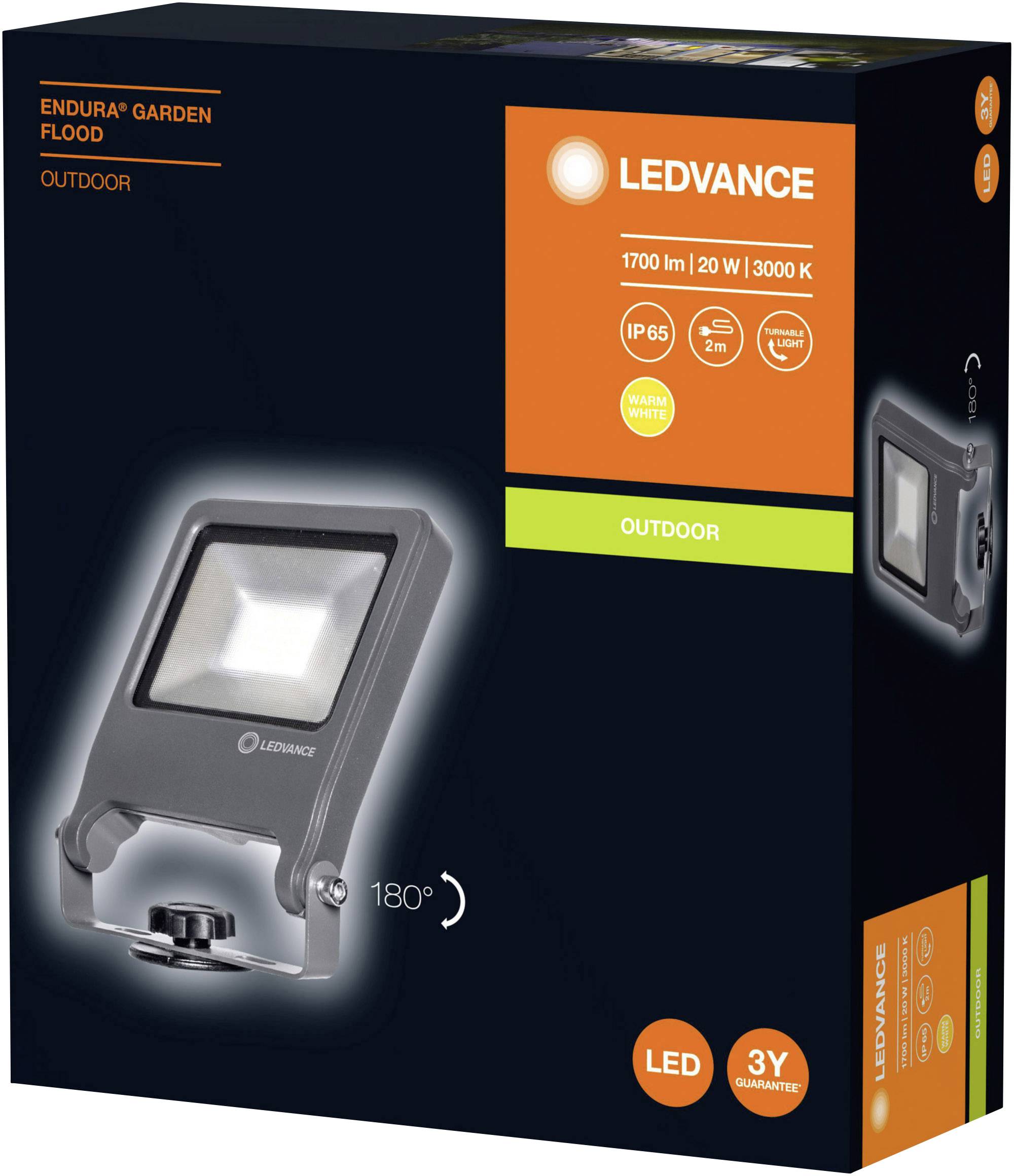 Packaging of an LED outdoor light by LEDVANCE. Model 'Endura Garden Flood', 1700 lumens, 20 W, 3000 K, IP65, suitable for outdoor use.